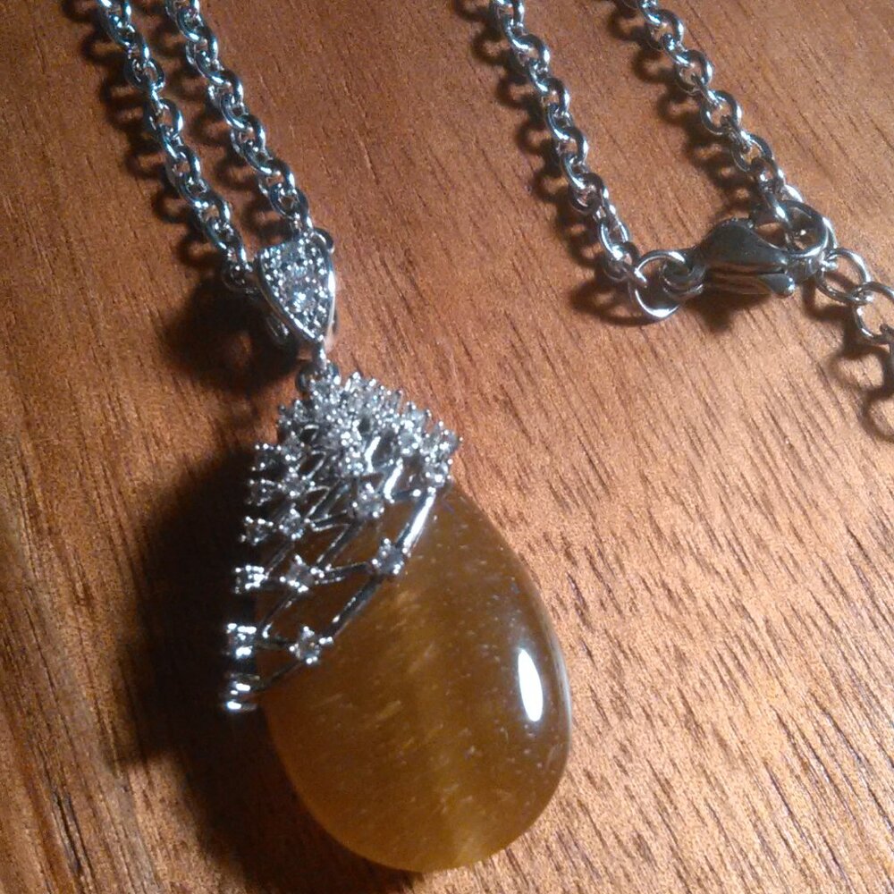 Netted Tiger's Eye and White Zircon Silvertone Pendant Stainless Steel Necklace